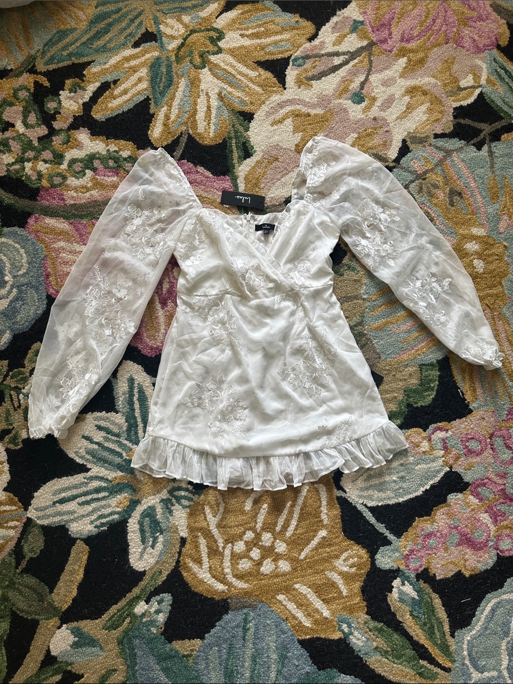 Lulu's White Embroidered Puff-Sleeve Lace Dress with Ruffle Hem - L